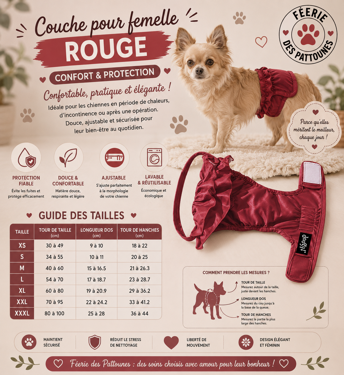 ❤️ Couche pour Femelle – Rouge (Lavable & Réutilisable • 7 tailles)