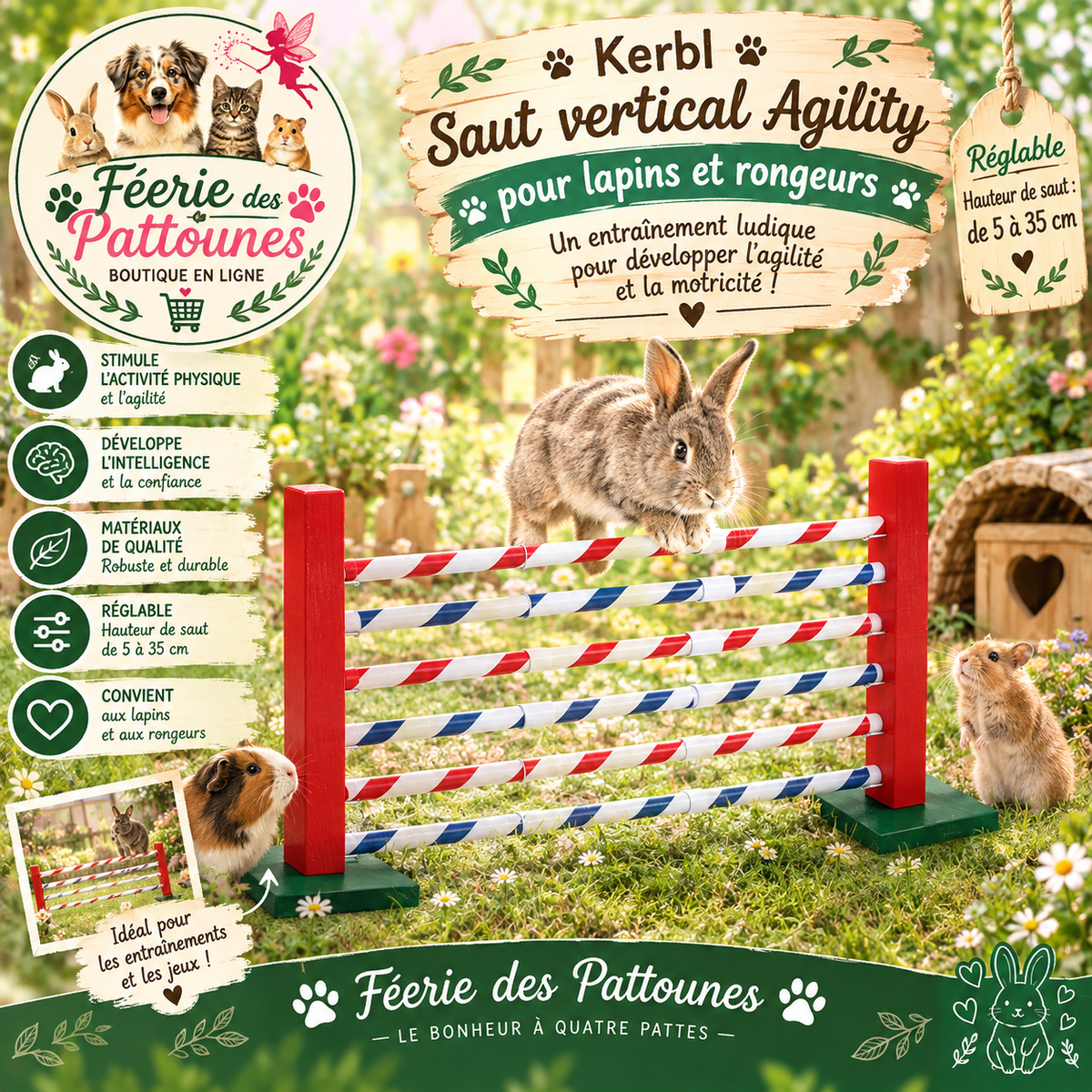 🐇📏 Kerbl – Saut Vertical Agility pour Lapins & Rongeurs (70 × 5 × 35 cm)
