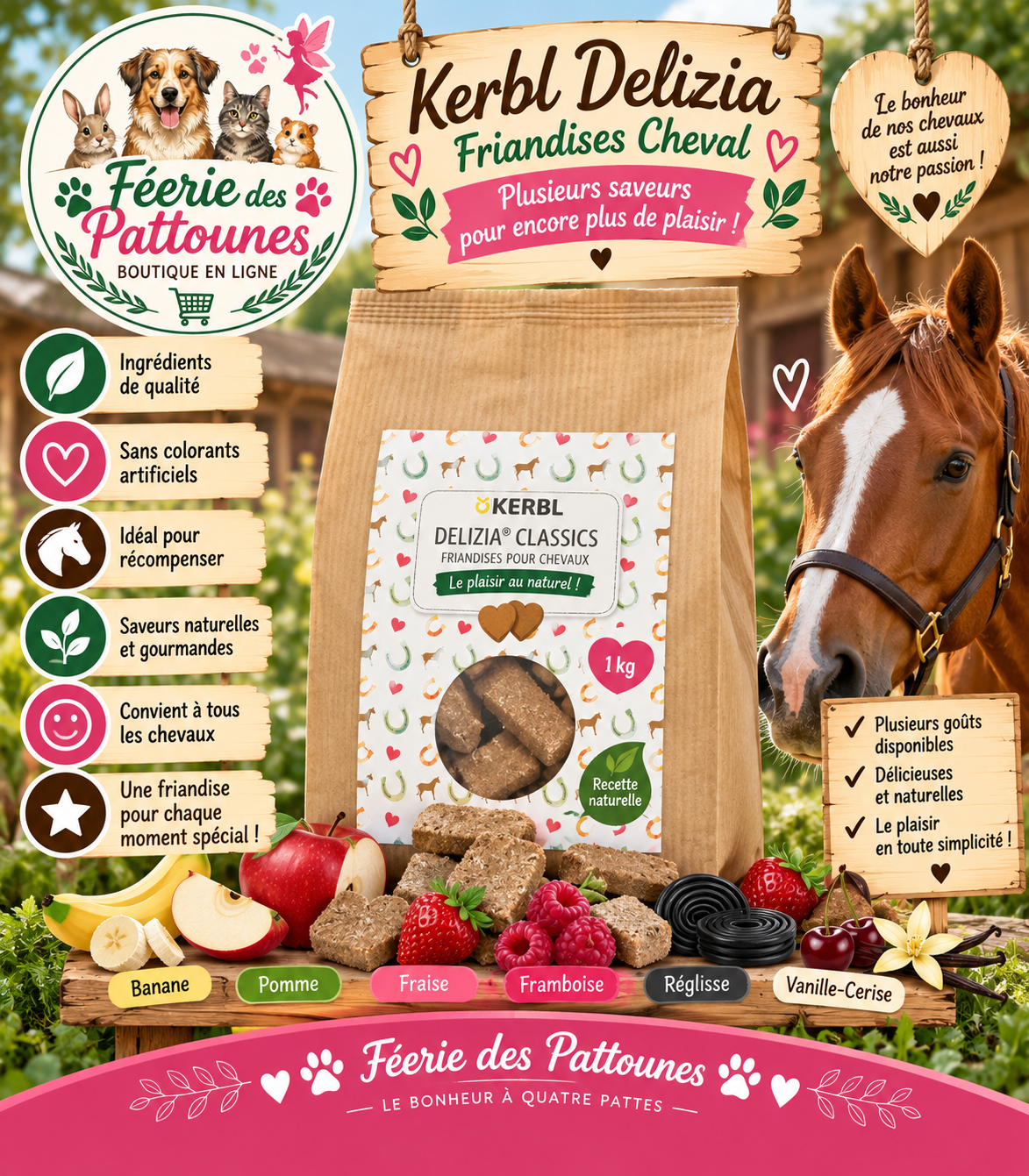 🍌🍎🍓🐴 Kerbl – Delizia Friandises Cheval (Cubes 1 kg)