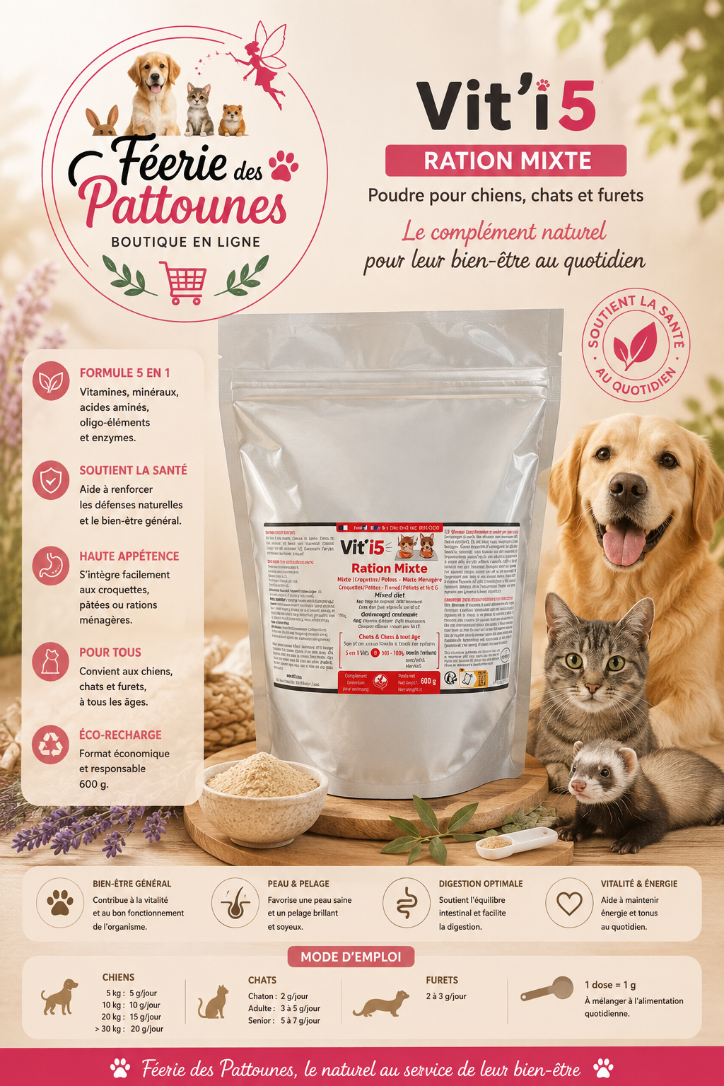 🍖🥕 Vit’i5 Rouge – Ration Mixte – Poudre Chat, Chien & Furet – Éco‑recharge 600 g