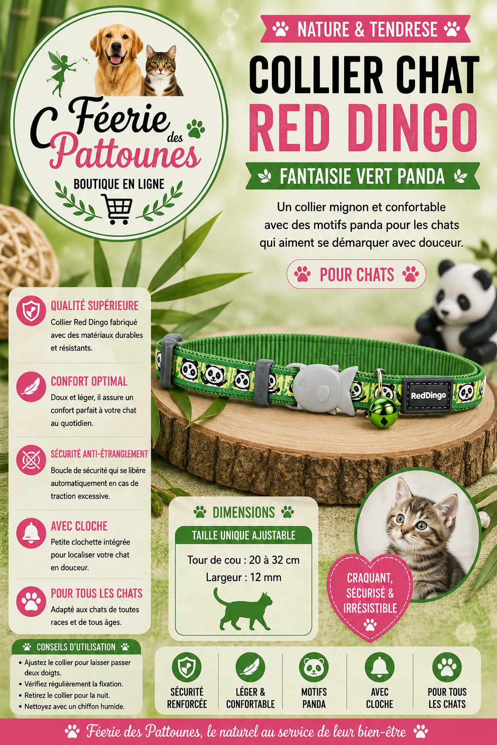 🐼💚🐾 Collier Red Dingo Fantaisie – Vert Panda (20 à 32 cm × 12 mm)