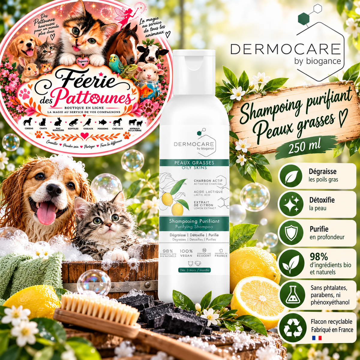 🖤 Shampooing Purifiant Peaux Grasses Biogance – Chien & Chat – 250 ml