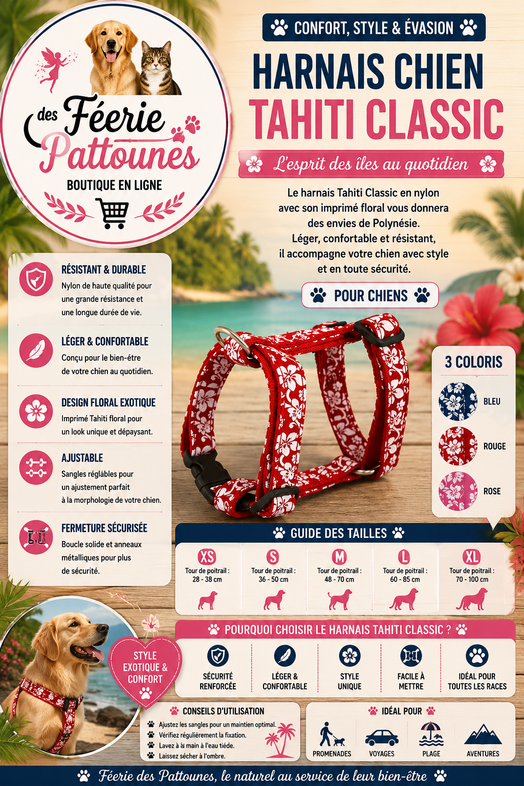 🌺🐶 Harnais Tahiti Classic – Pour Chien (Forme Classique)