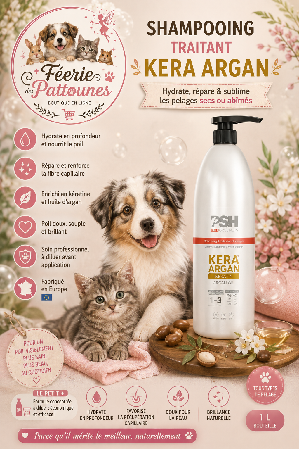 ✨ PSH Kera Argan – Shampooing Soin Hydratant & Réparateur (1 L)