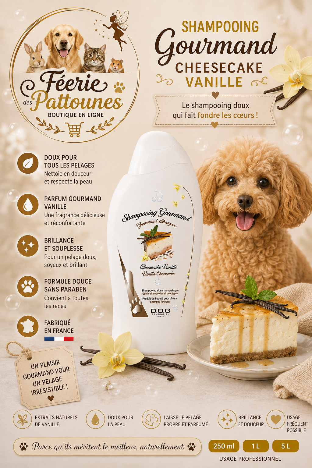 🍰✨ Shampooing Gourmand Cheesecake Vanille – Dog Génération (250 ml • 1 L • 5 L)