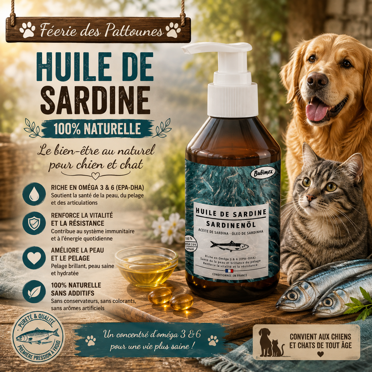 🐟 Huile de Sardine – Complément Naturel Chiens & Chats (250 ml)