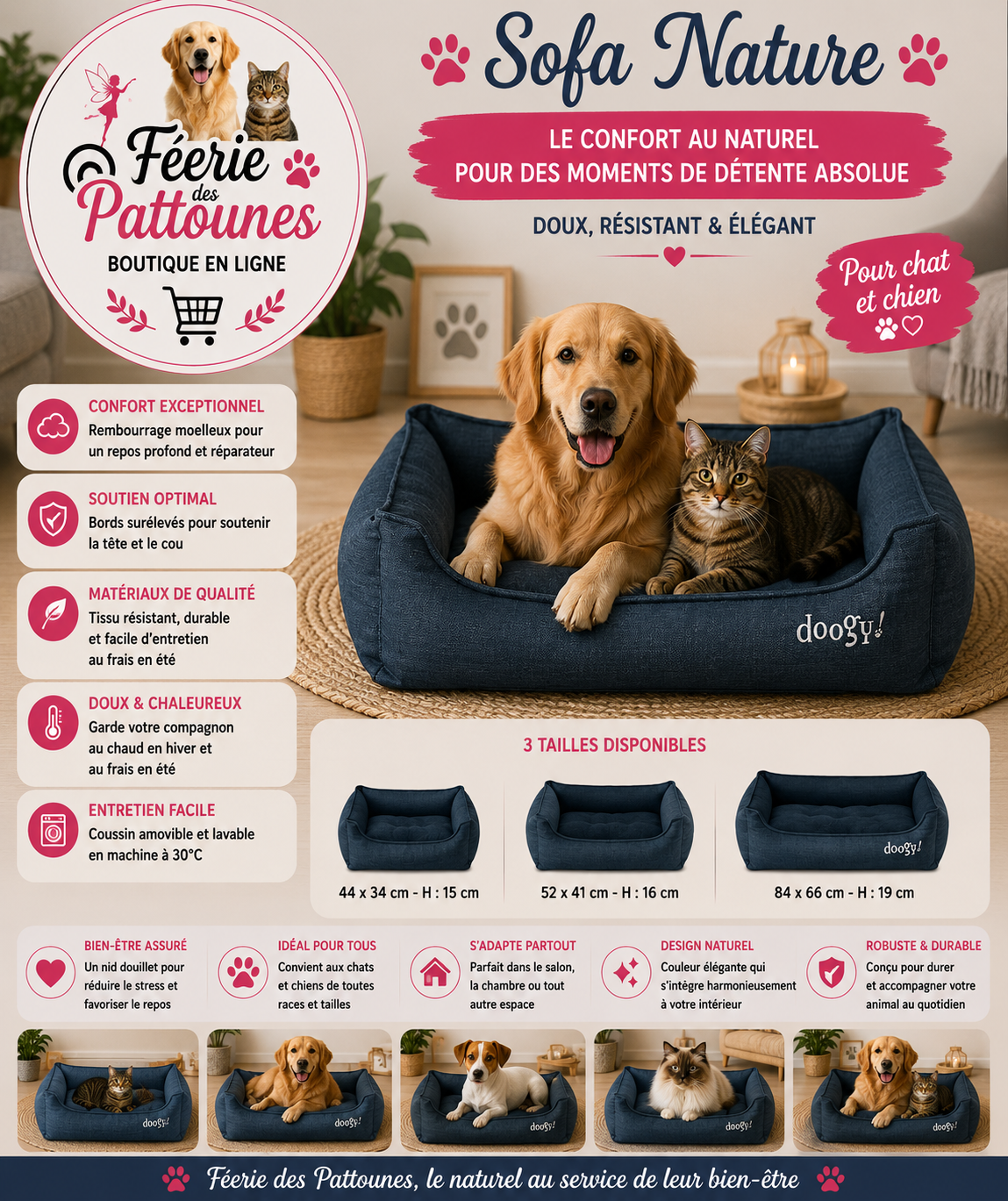 💙🐾 Sofa Nature – Bleu Foncé (3 tailles)