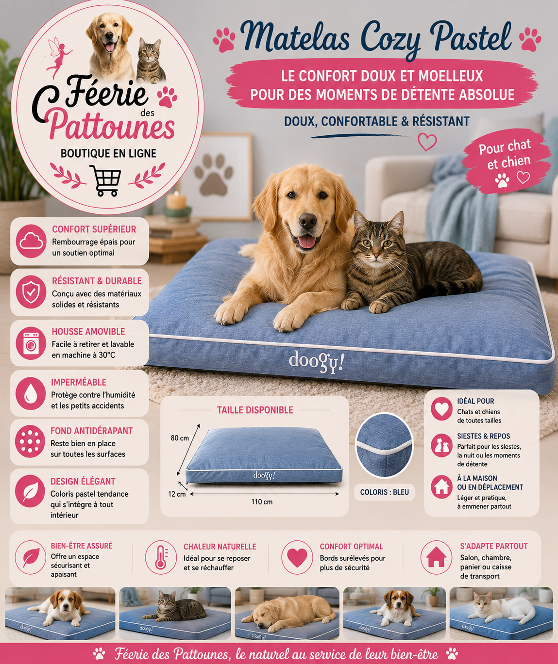 💙🐾 Matelas Cozy Pastel – Bleu (110 × 80 × 12 cm)