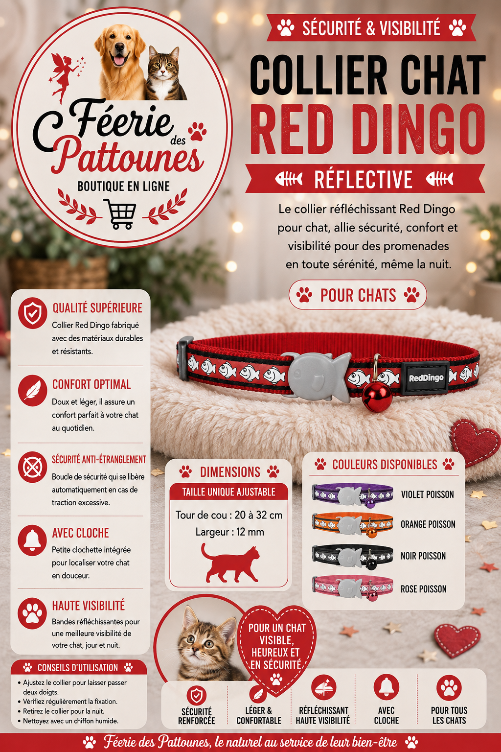 ✨🐾 Collier Red Dingo Réflective – Pour Chat (20 à 32 cm × 12 mm)