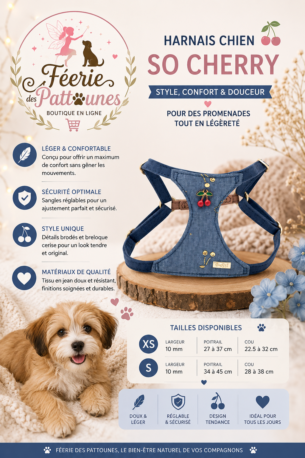 🍒👖🐶 Harnais So Cherry – Denim (Tailles XS • S)