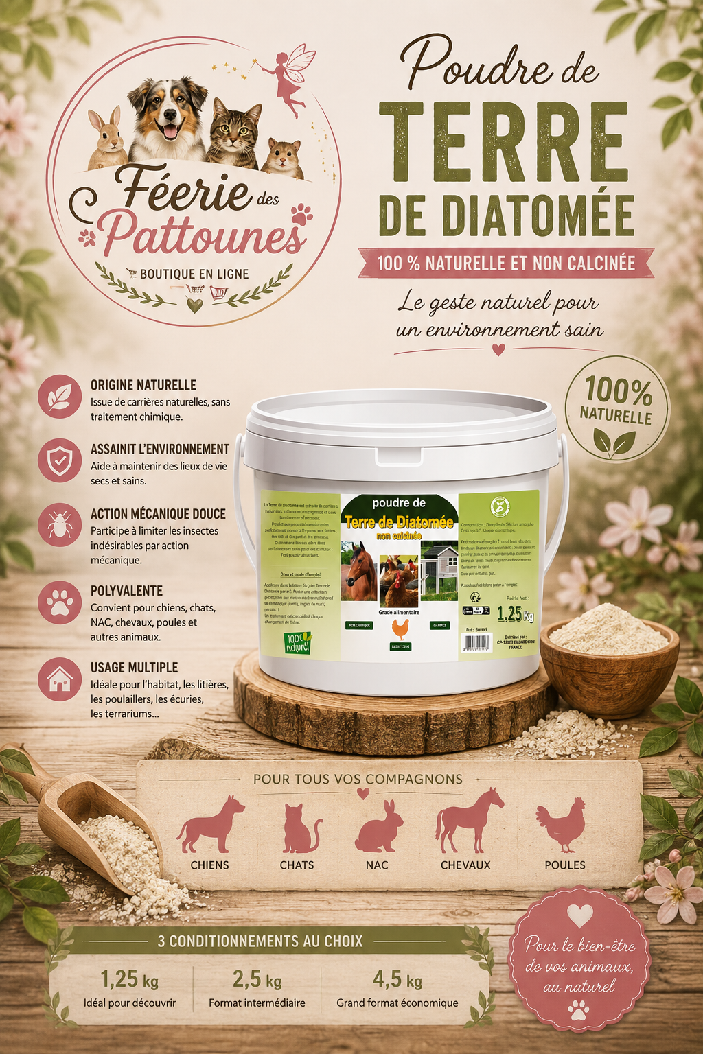 🌿 Terre de Diatomée – Non Calcinée • 100 % Naturelle (1,25 kg • 2,5 kg • 4,5 kg)