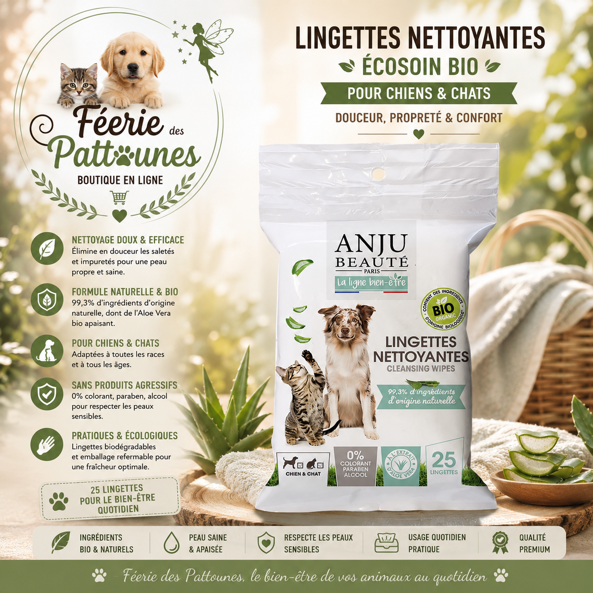 🌿🧼🐶 Lingettes Nettoyantes Ecosoin Bio – Anju Beauté (25 lingettes)
