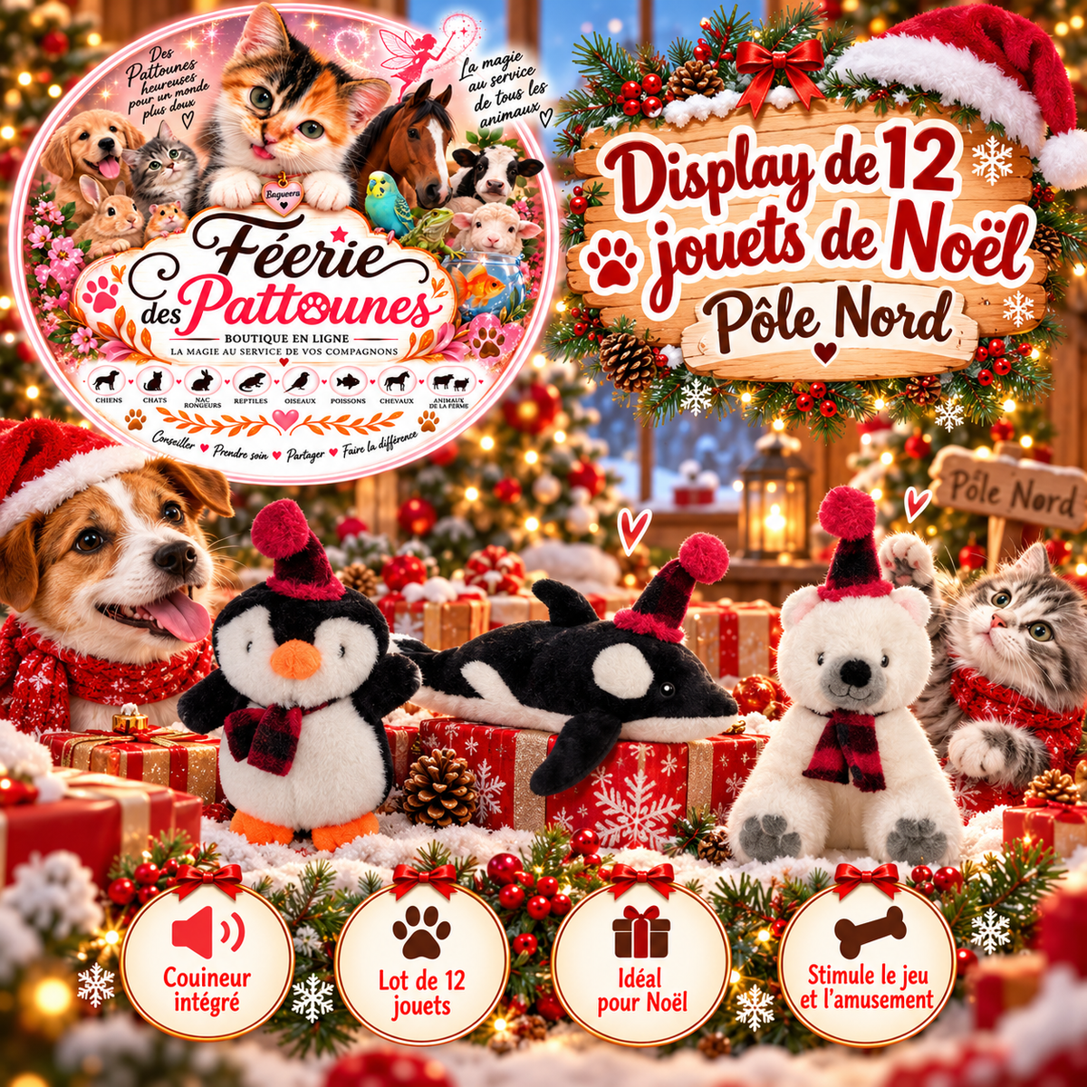 🎄❄️ Display de 12 Jouets de Noël Pôle Nord pour Chien – Peluches Sonores