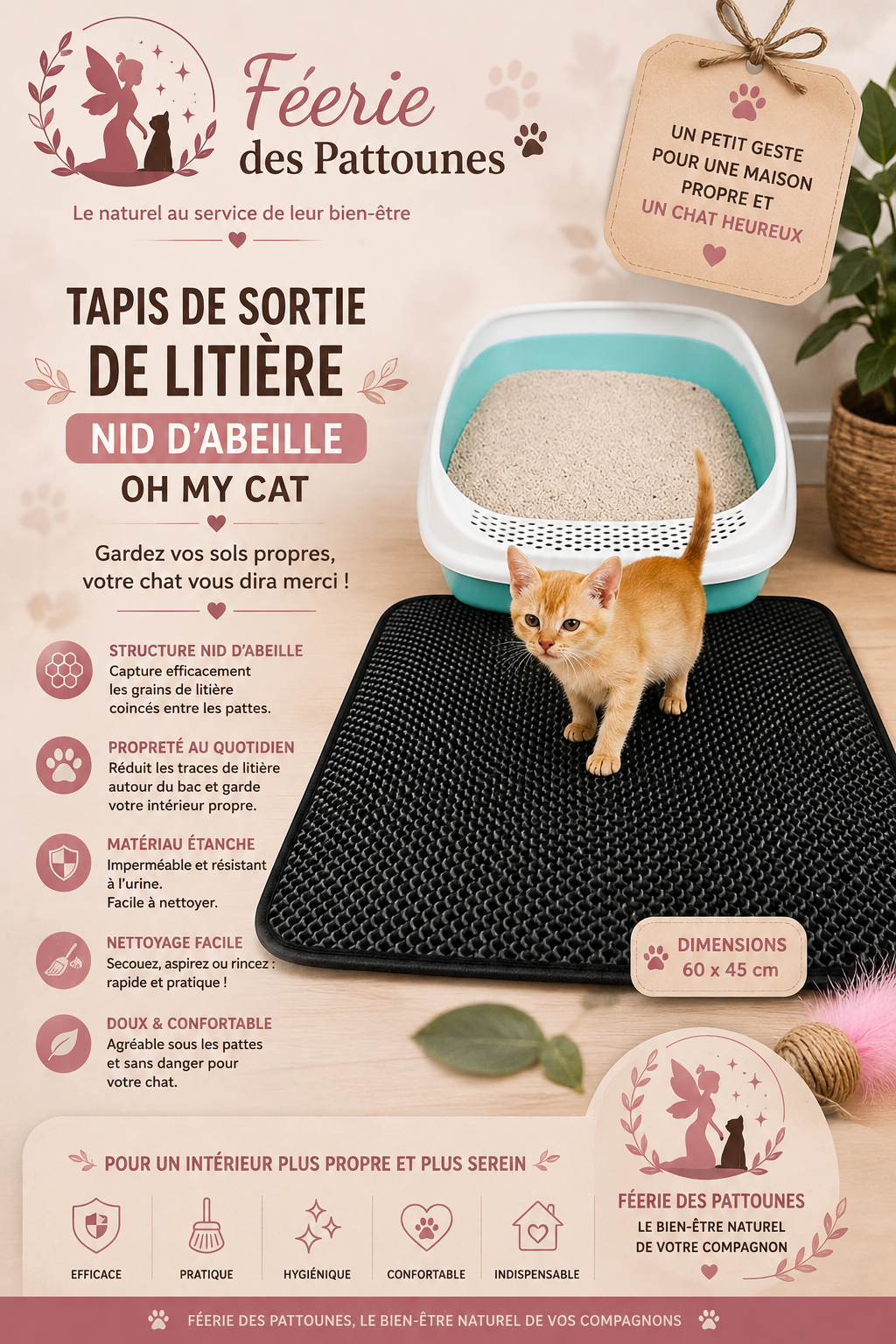 🐾 Tapis de Sortie de Litière Nid d’Abeille – OH MY CAT (42 × 56 cm)
