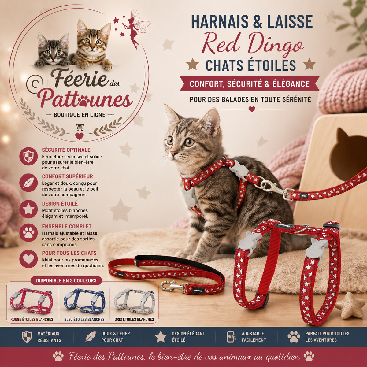 ⭐🐾 Harnais & Laisse Fantaisie Étoiles – Red Dingo (Chat)