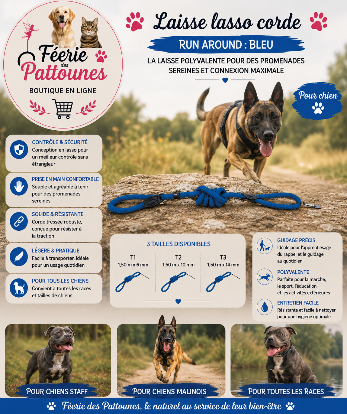 🔵🐾 Laisse Lasso Corde Run Around – Bleu (T1 • T2 • T3)