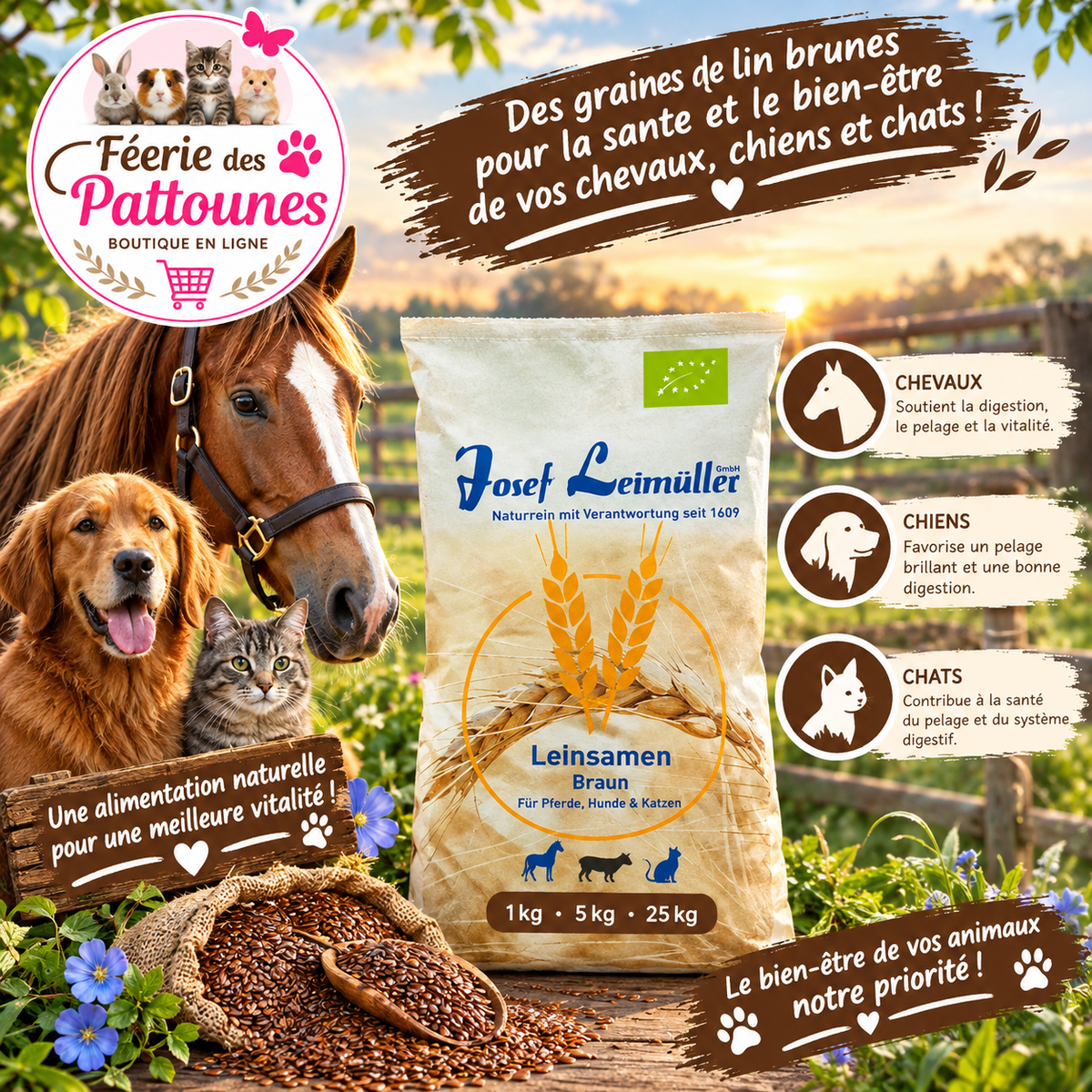 🌰🐴🐶🐱 Leimüller – Graines de Lin Brunes (1 kg • 5 kg • 25 kg)
