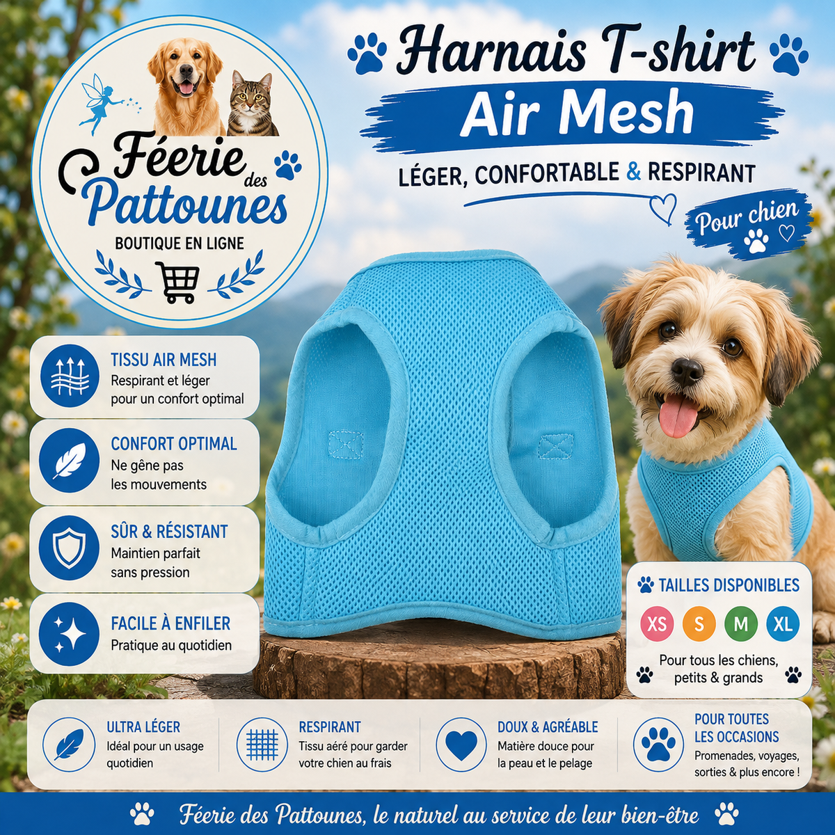 🔵🐶 Harnais Tee‑shirt Air Mesh Classic – Bleu (Tailles XS • S • M • XL)