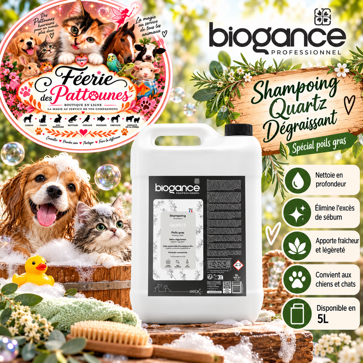 💎 Shampooing Quartz Dégraissant Biogance – Poils Gras – 5 L