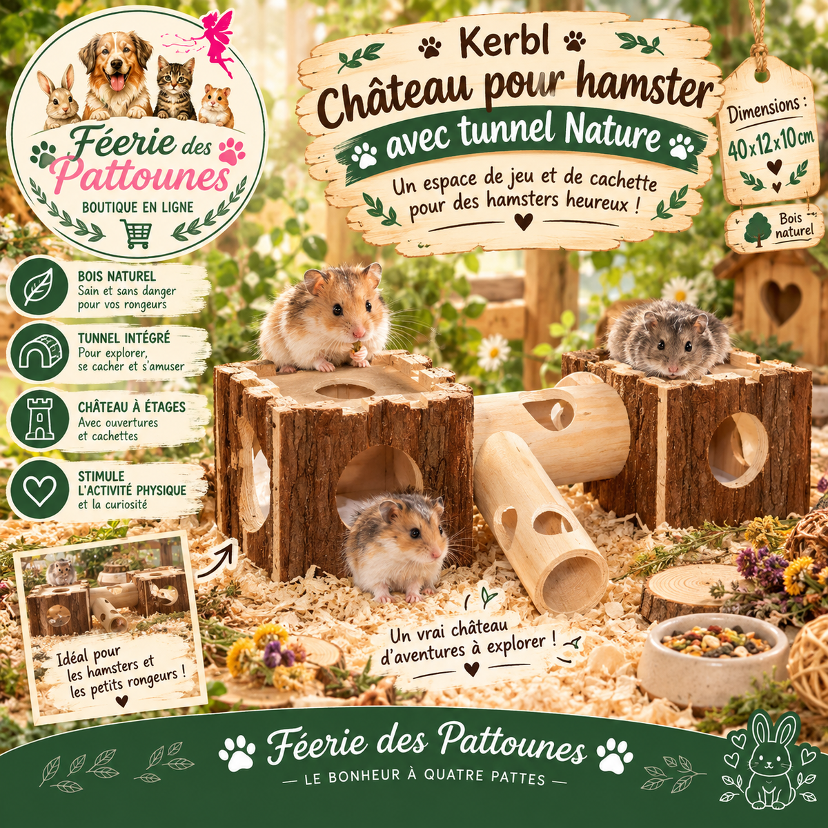 🏰🐹 Kerbl – Château pour Hamster avec Tunnel Nature (40 × 12 × 10 cm)