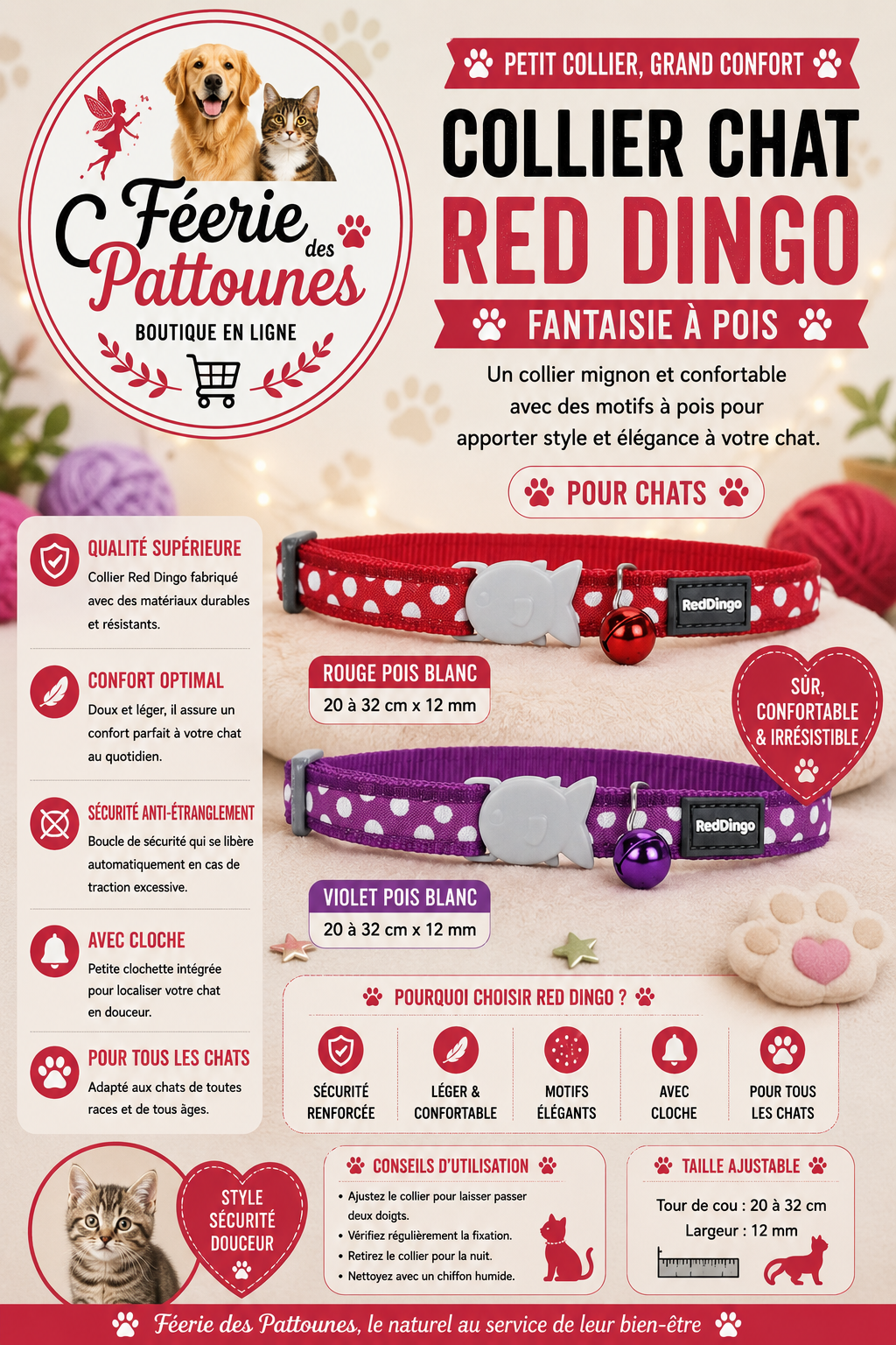 🔵🔴🐾 Collier Red Dingo Fantaisie – À Pois (20 à 32 cm × 12 mm)