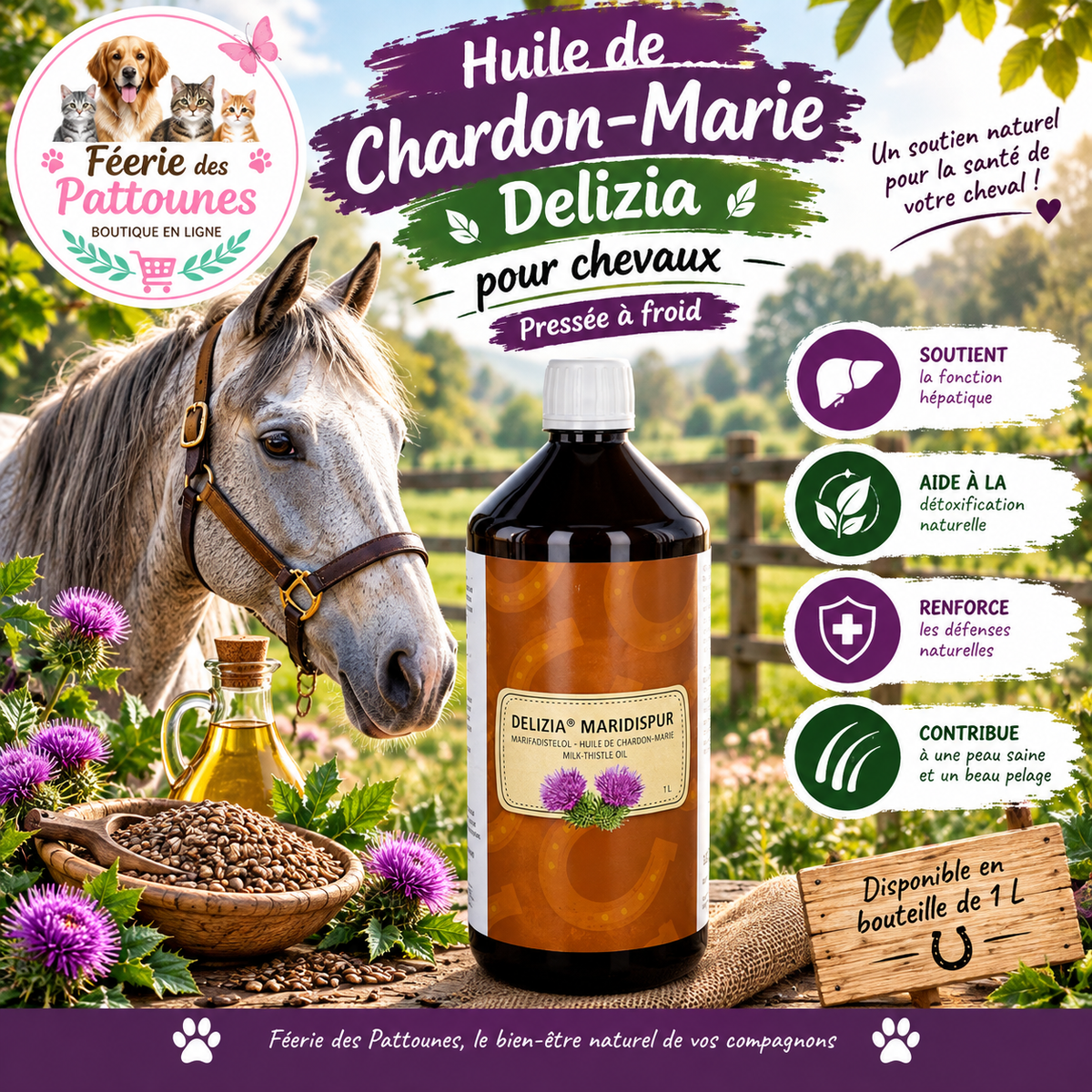 🌼🐴 Delizia – Huile de Chardon‑Marie pour Chevaux (1 L)