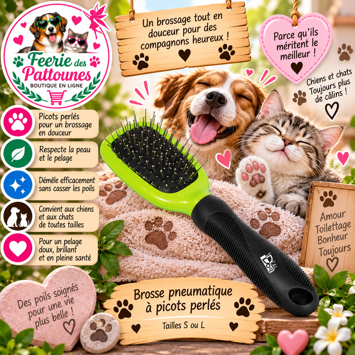 🐾 Brosse Pneumatique à Picots Perlés – Tailles S & L