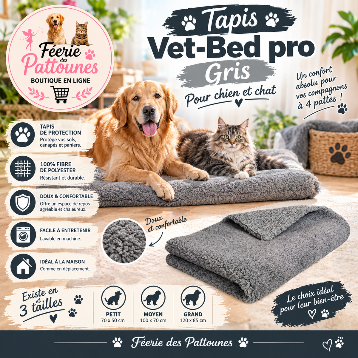 🐾Tapis Vet‑Bed Pro – Gris (3 tailles)