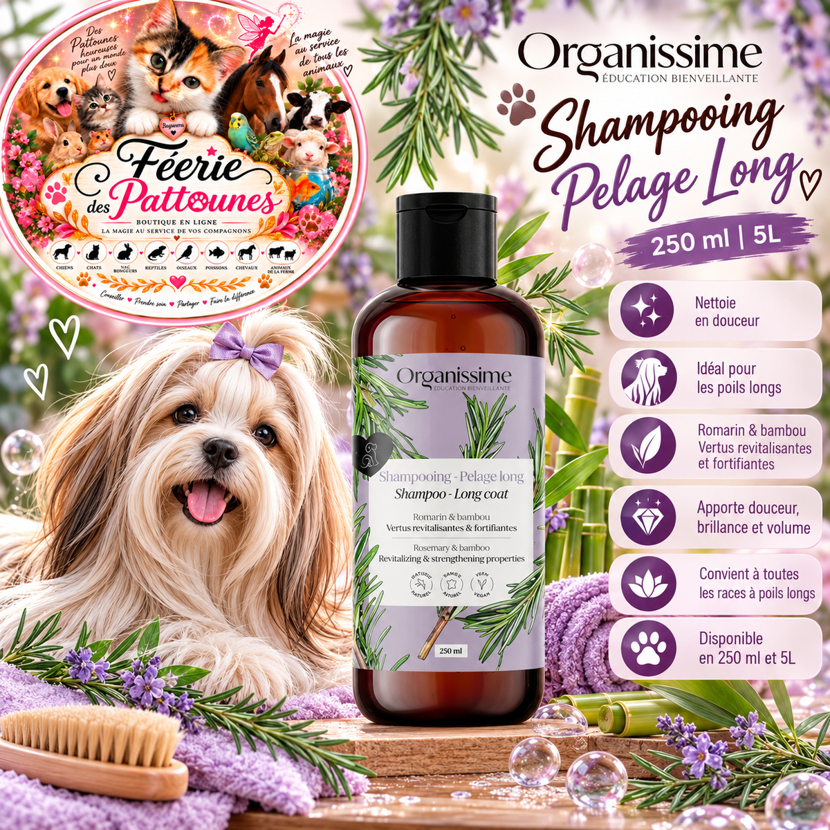 🌿 Shampooing Pelage Long Biogance – Chien – 250 ml / 5 L