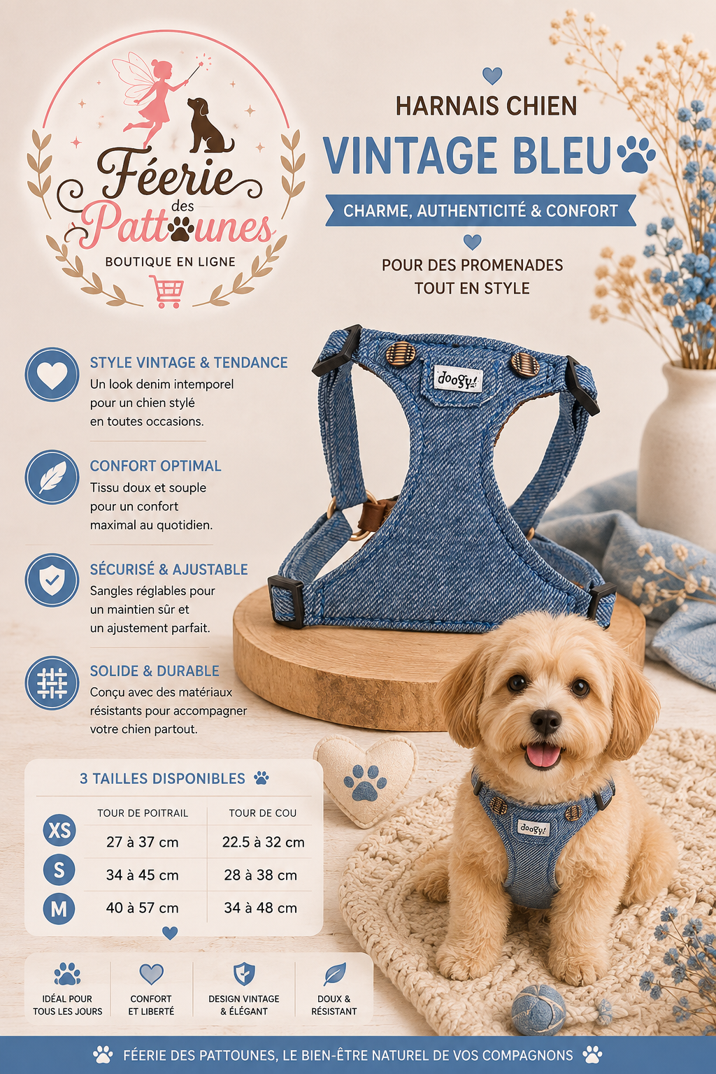 🔵👖🐶 Harnais Vintage – Bleu (Tailles XS • S • M)