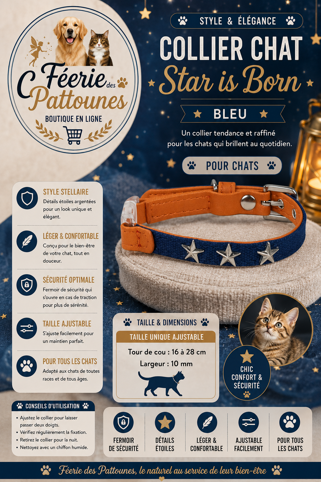 ⭐🐾 Collier Star is Born – Pour Chat (Bleu • 16 à 28 cm × 10 mm)