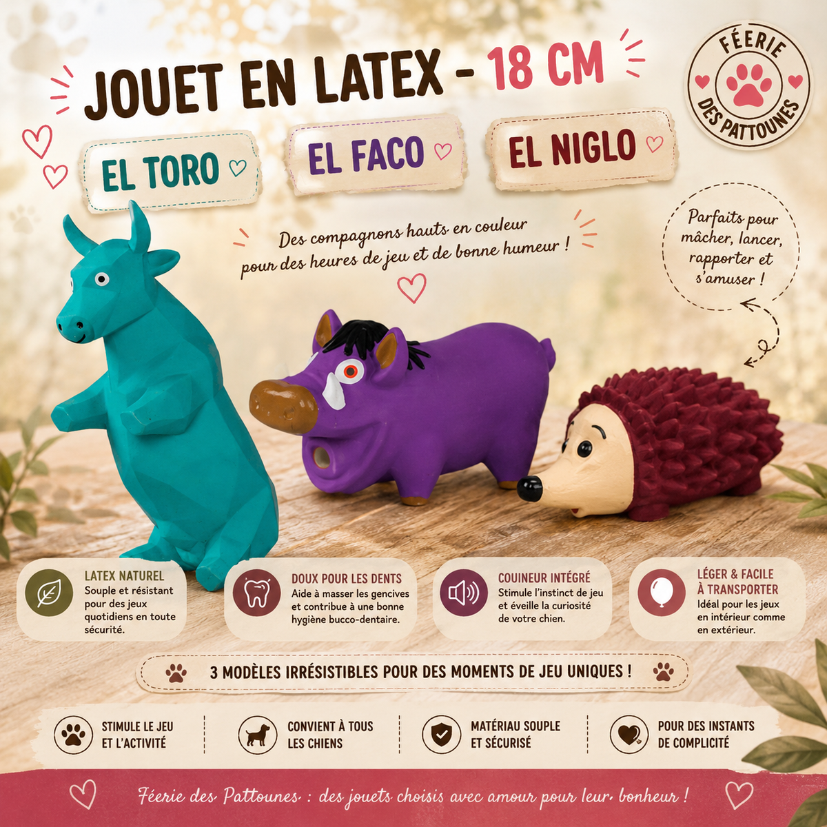 🐾 Jouet en Latex Sonore – 18 cm (Taureau • Phacochère • Hérisson)
