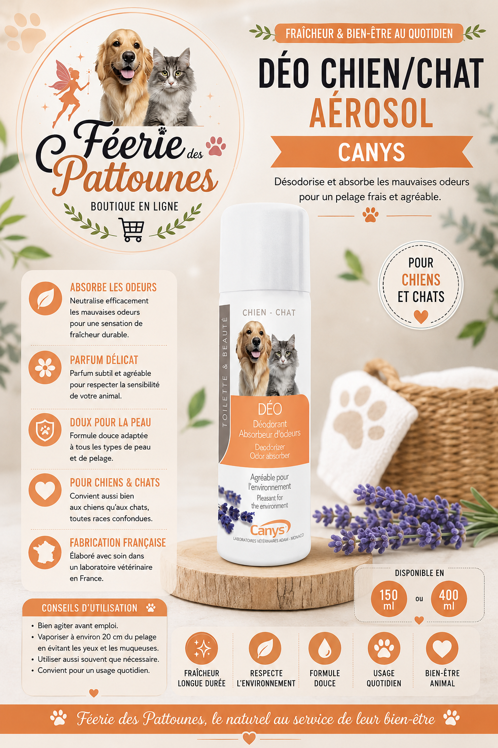 🌬️ Déodorant Chien/Chat – Aérosol Canys (150 ml • 400 ml)
