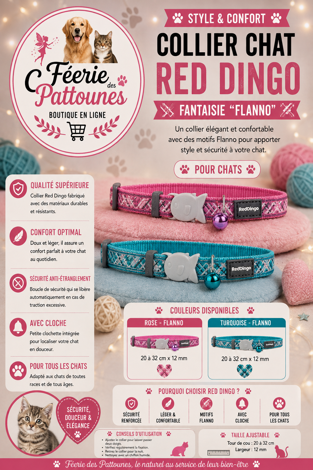 🎀🐾 Collier Red Dingo Fantaisie – Flanno (20 à 32 cm × 12 mm)