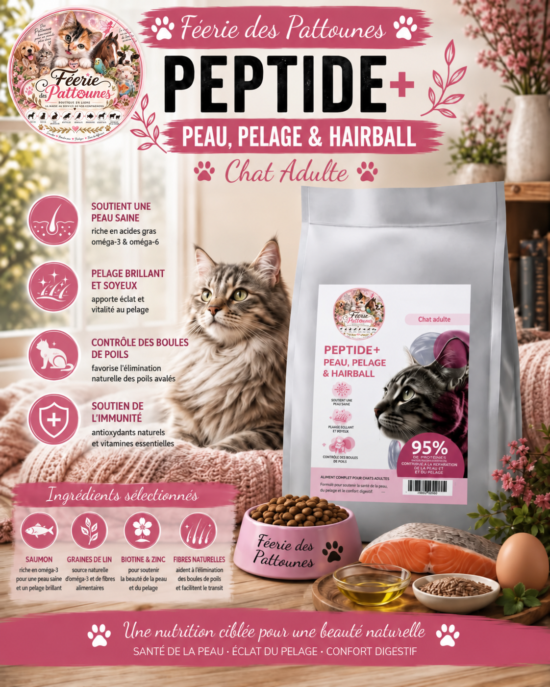 🐱 Croquettes Peptide+ – Peau, Pelage & Hairball – Chat Adulte (1,5 kg • 5 kg)
