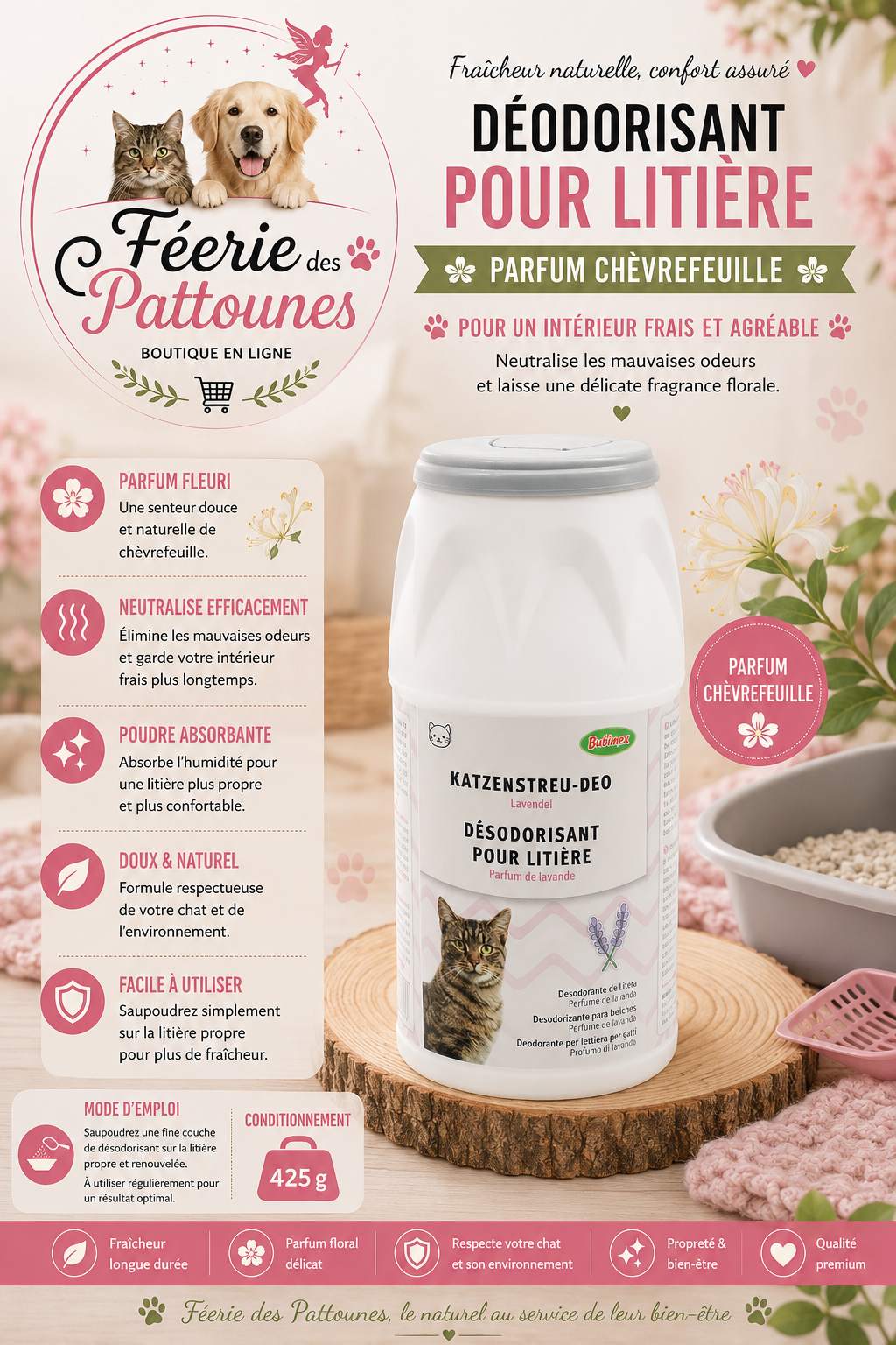 🌸 Désodorisant pour Litière – Parfum Chèvrefeuille (425 g)