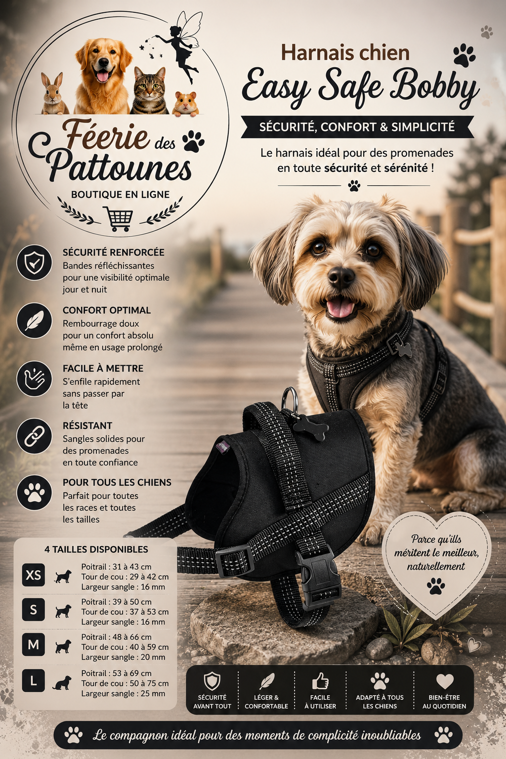 ⚫🐶 Harnais Bobby Easy Safe – Noir (Tailles XS • S • M • L)