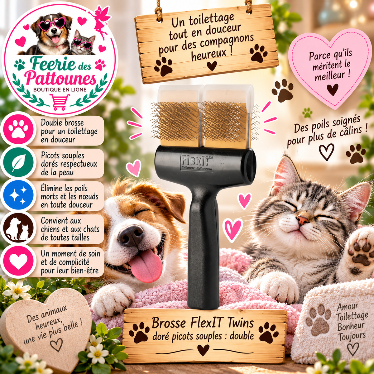 🐾✨ Brosse FlexIT Twins Doré – Picots Souples (Double)