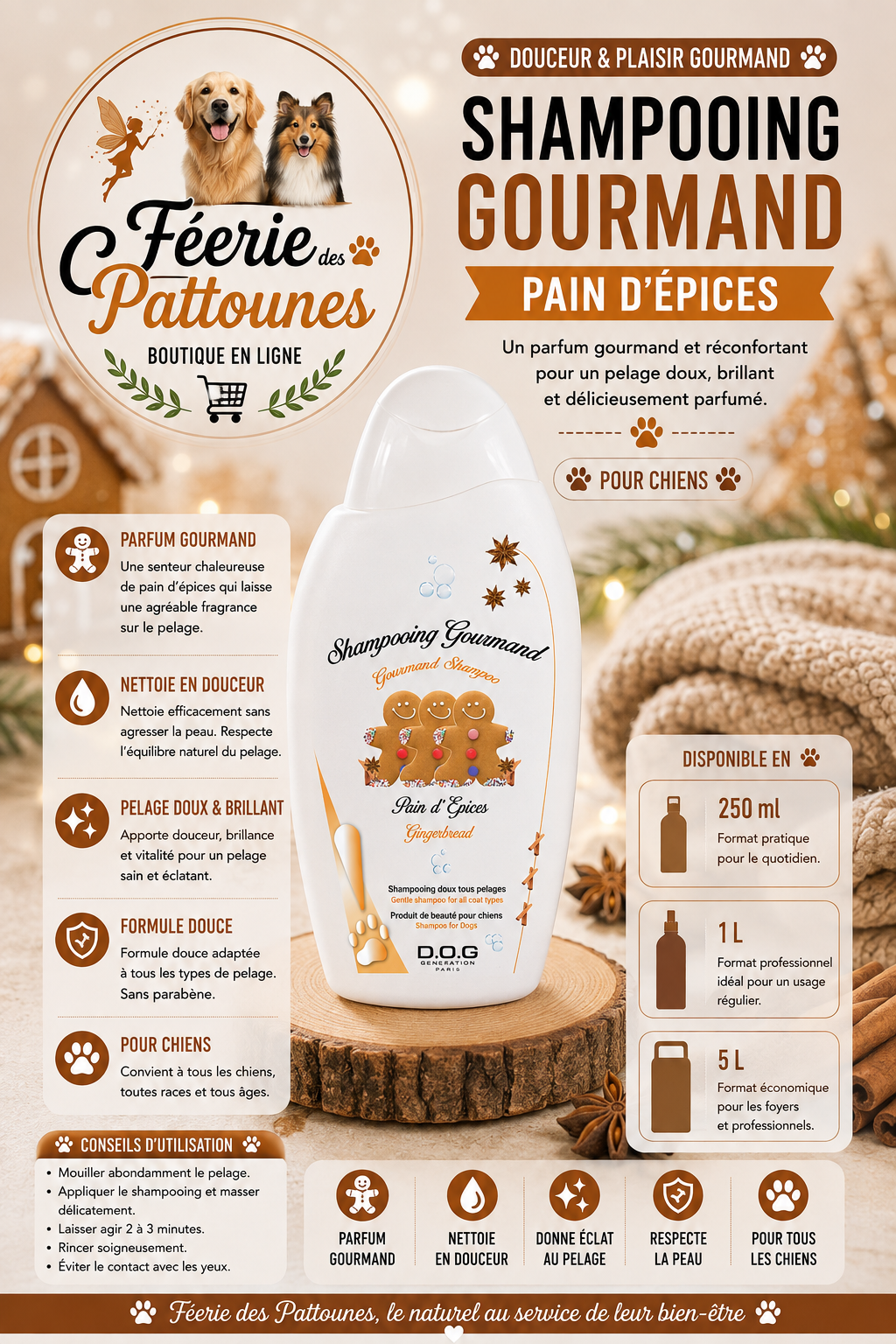 🍯✨ Shampooing Gourmand Pain d’Épices – Dog Génération (250 ml • 1 L • 5 L)