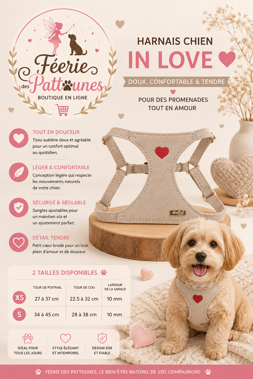 🤍💛🐶 Harnais In Love – Beige (Tailles XS • S)