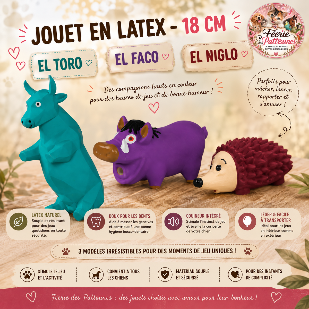 🐾 Jouet en Latex Sonore – 18 cm (Taureau • Phacochère • Hérisson)
