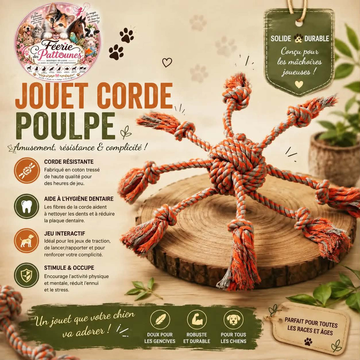 🐙 Jouet Corde Poulpe pour Chien – 8 Lanières & Balle Centrale