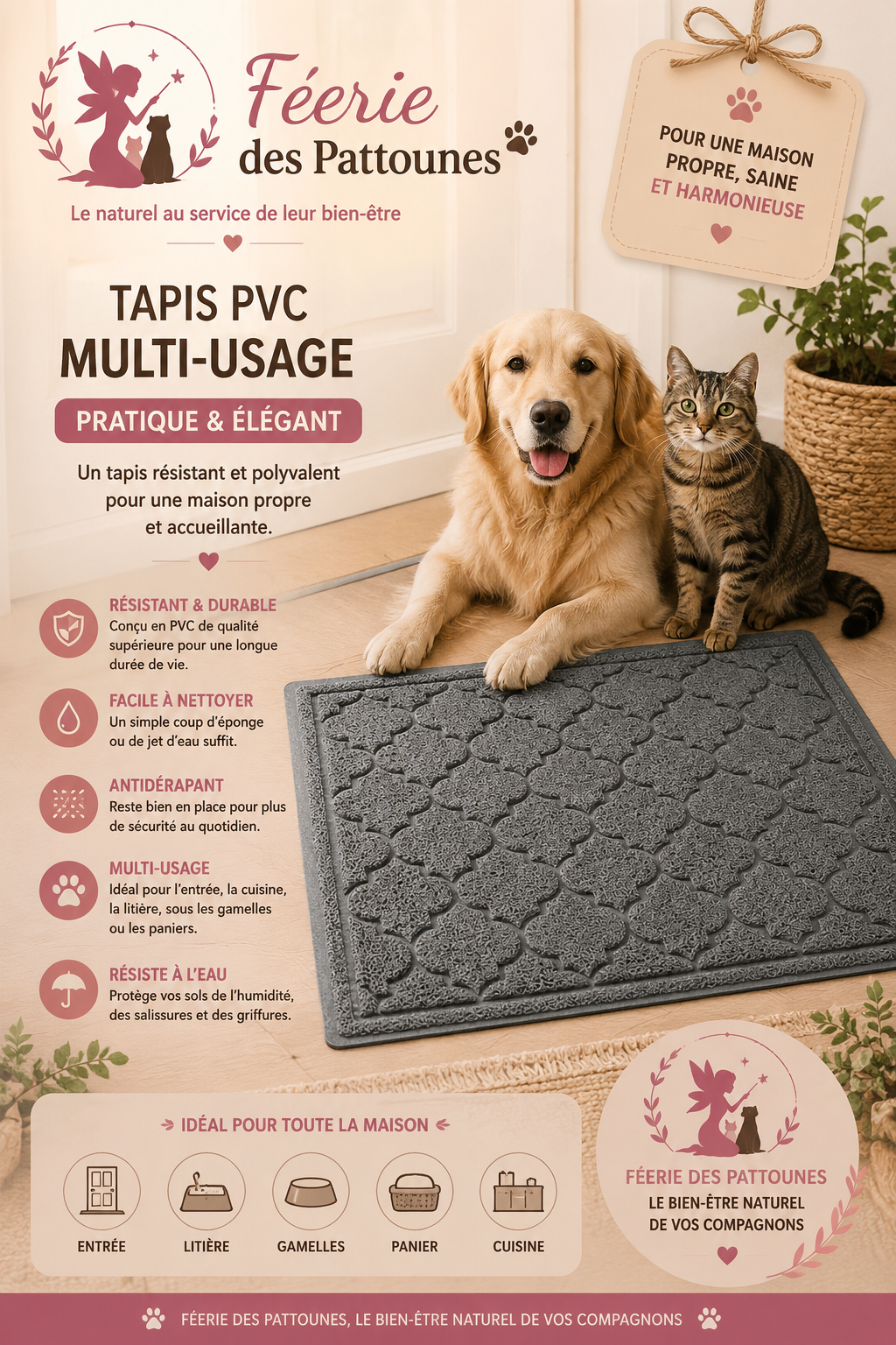 🪟 Tapis PVC Multi‑usage Gris – Antidérapant & Polyvalent (90 × 60 cm)