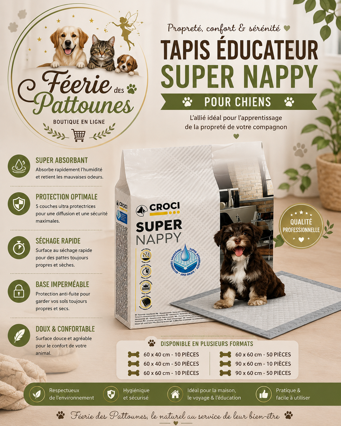 🧻 Tapis Éducateur Super Nappy – Ultra Absorbants & Anti‑Fuites (6 formats)