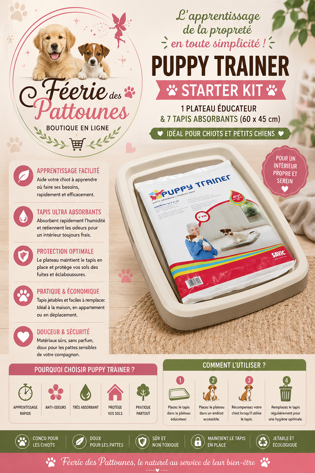 🐶 Puppy Trainer Starter Kit SAVIC – Plateau + 7 Tapis (60 × 45 cm)