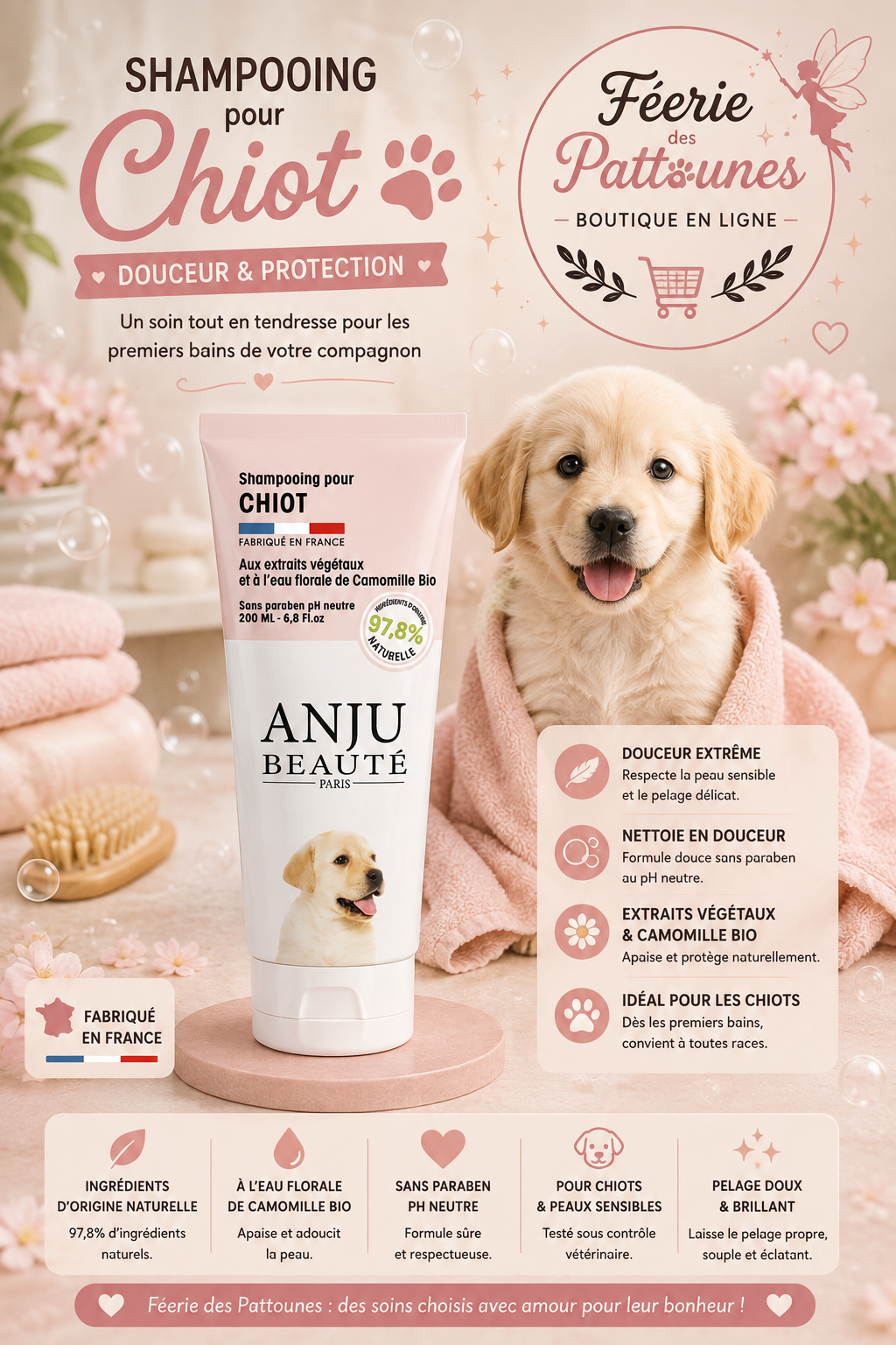🐶🍑 Shampooing Chiot – Anju Beauté (200 ml)