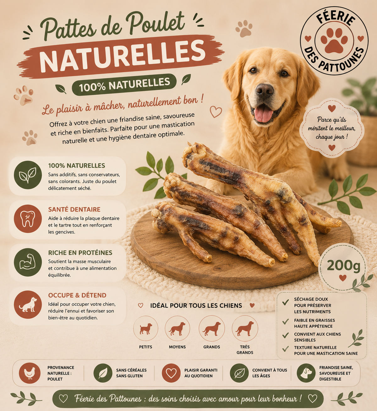 🐔 Pattes de Poulet Naturelles – Friandises Saines (200 g)