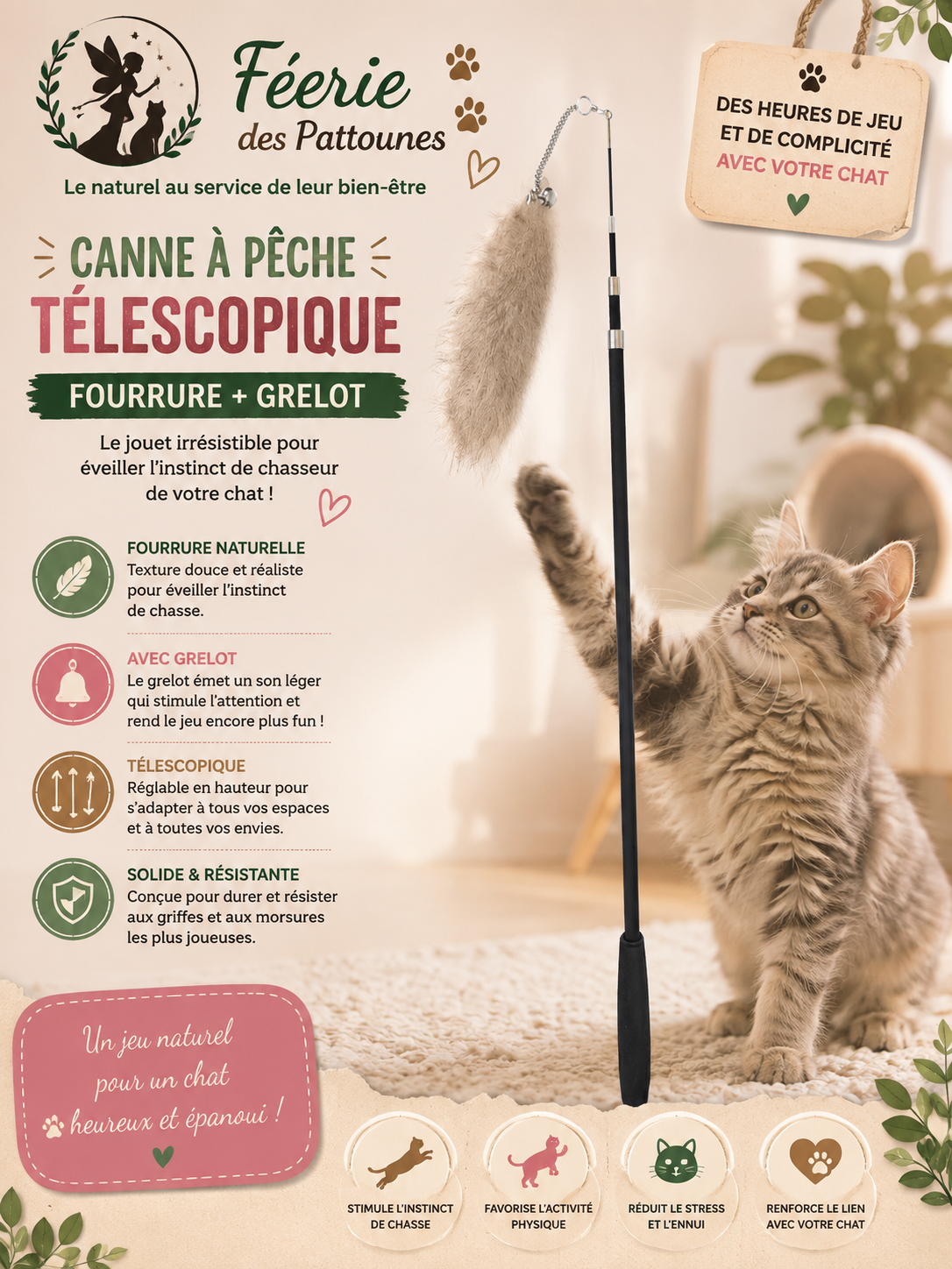 🪶 Canne à Pêche Télescopique – Fourrure & Grelot – Jeu Dynamique (180 cm)