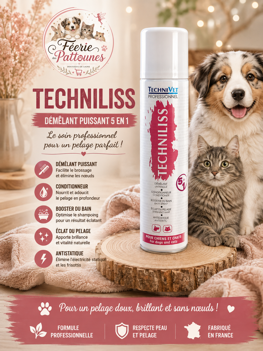 ✨ Techniliss 5‑en‑1 – Démêlant Professionnel Sans Huile (300 ml)