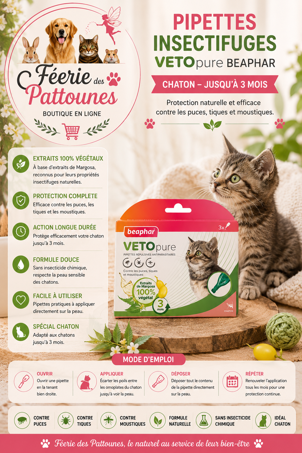 🛡️🐱 Pipettes Insectifuges VETOpure – Beaphar Chaton (3 pipettes)